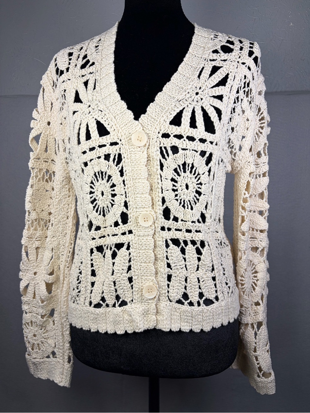 POL Cream Crochet V-Neck Button Sweater Cardigan